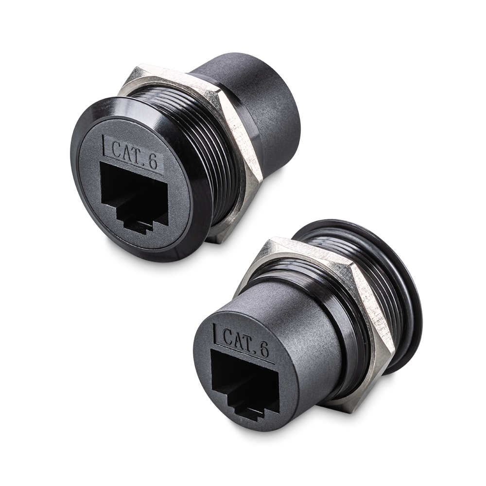 Переходник RJ45 C-типа на корпус с гайкой, резьба 22 мм, CAT6, 8P8C, для внутреннего монтажа, гнездо-гнездо, черный